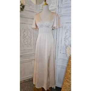 Dress Forum Beige Short Flutter Sleeves   Flowy Satiny Maxi Sophisticaded Dress